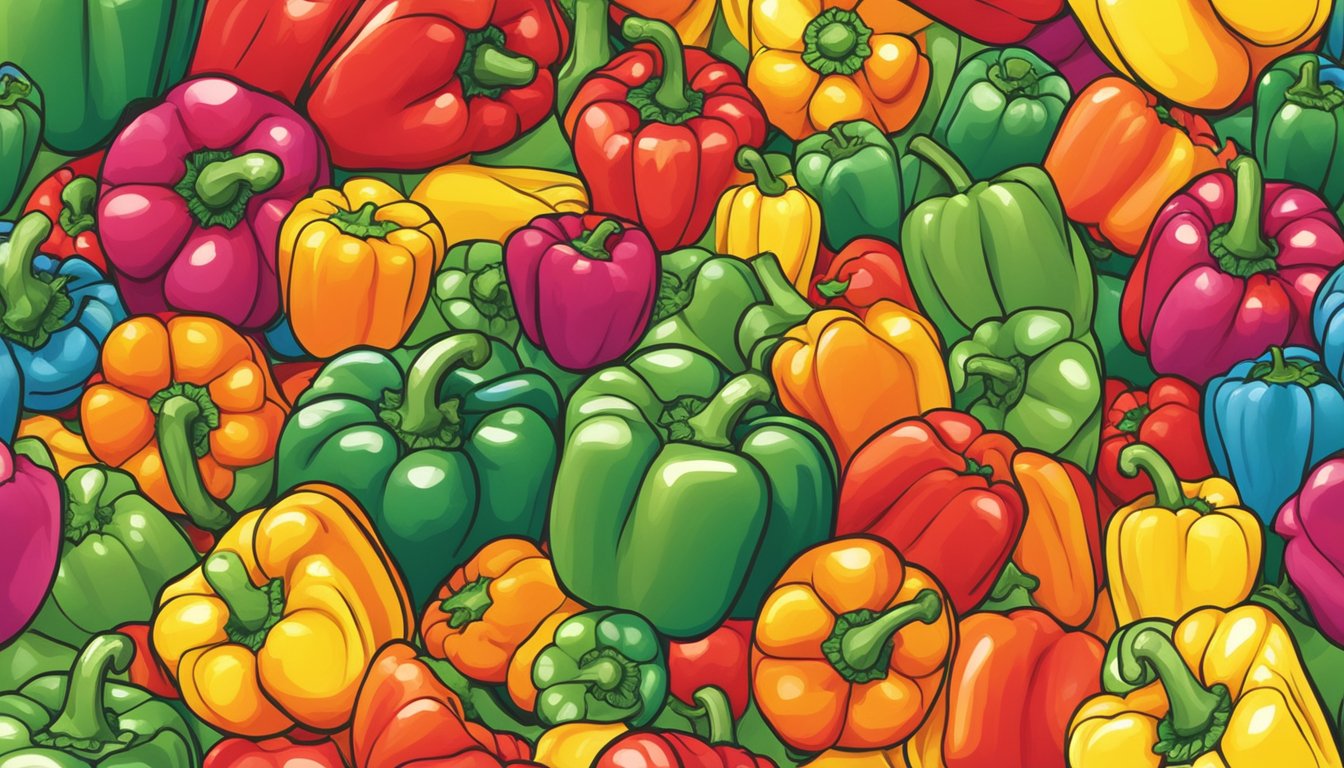 A colorful array of whole and sliced bell peppers, with a question mark hovering above them