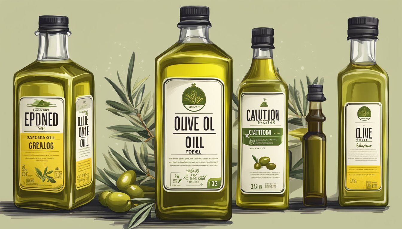 A bottle of expired olive oil next to other oils, with a caution sign