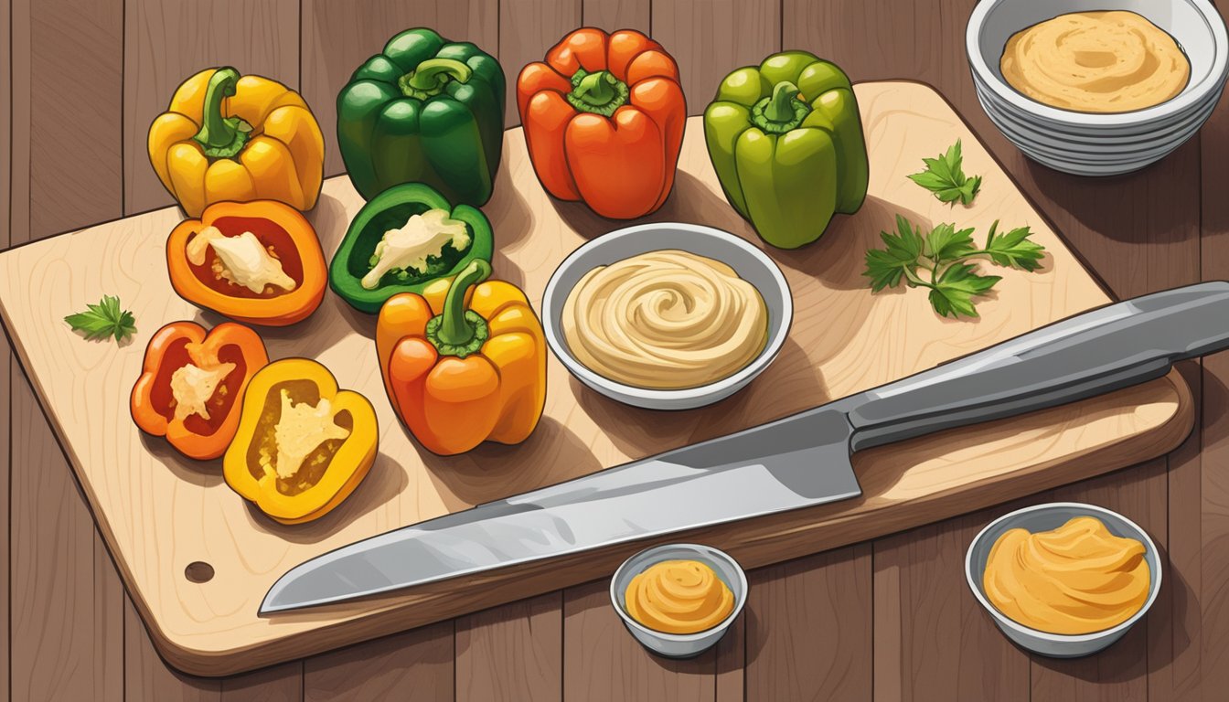 A colorful array of sliced bell peppers arranged on a cutting board, with a chef's knife nearby. A small bowl of hummus sits next to the peppers