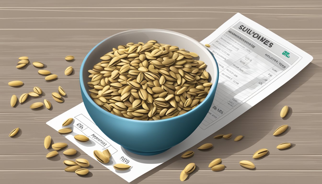 A bowl of raw sunflower seeds with nutritional information chart in the background