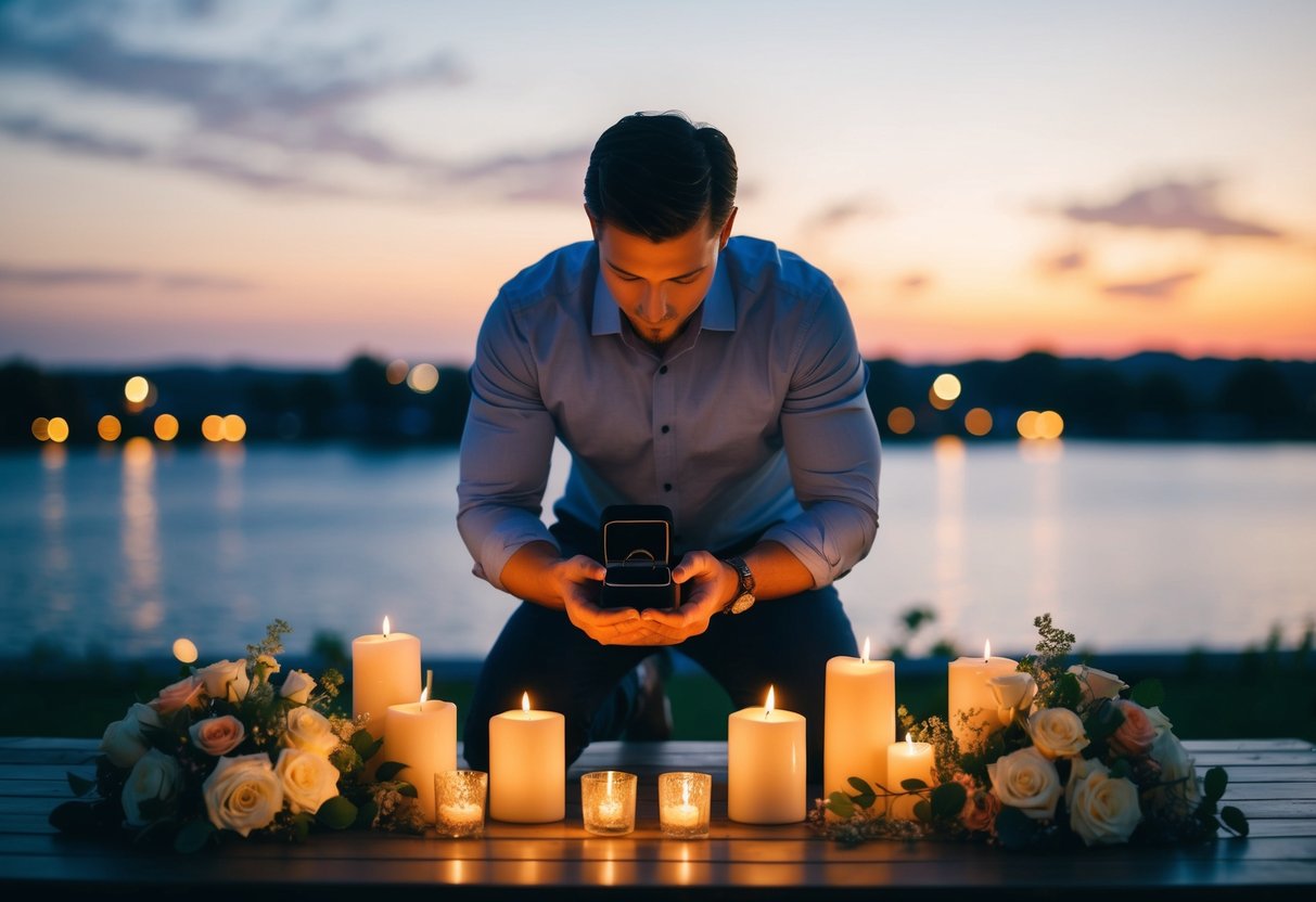 A man kneeling with a ring box open, surrounded by candles and flowers on a romantic evening