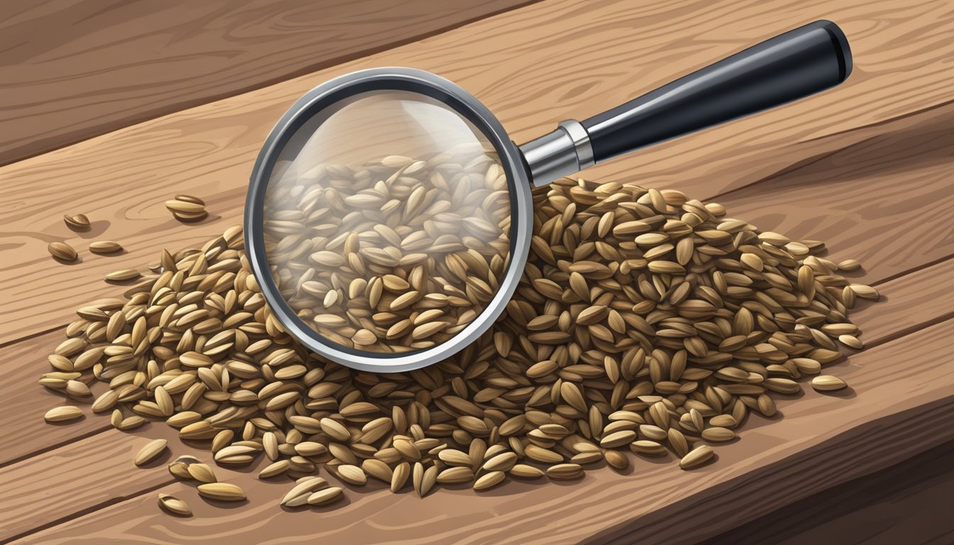 A pile of raw sunflower seeds scattered on a wooden table, with a warning label and a magnifying glass nearby for closer inspection