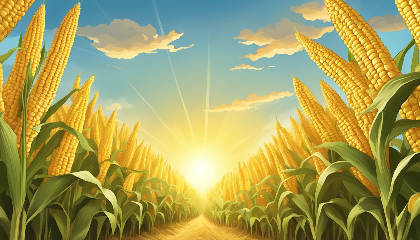 A cornfield bathed in golden sunlight, with fresh ears of corn still on the stalk, ready to be picked and enjoyed raw for their health benefits