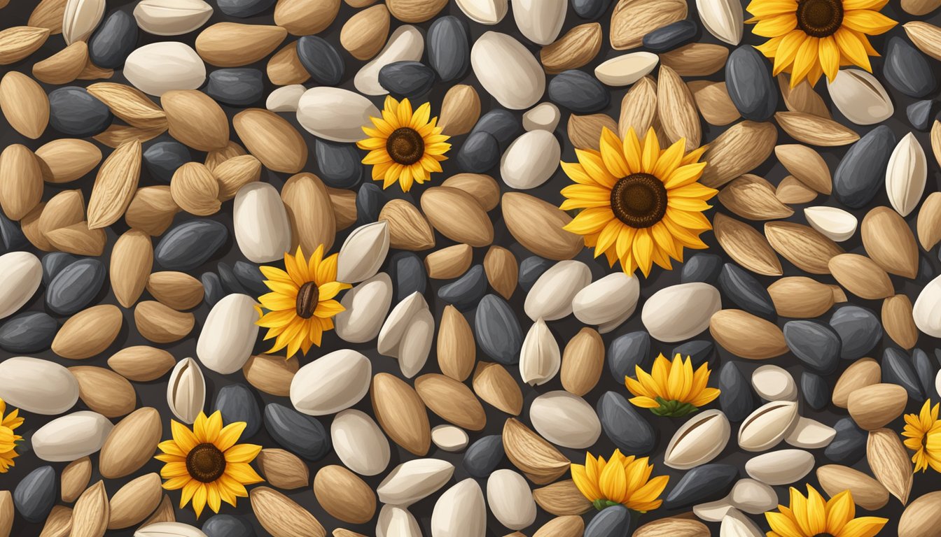 A pile of raw sunflower seeds sits next to a variety of other forms of sunflower seeds, including roasted and salted, in their respective packaging