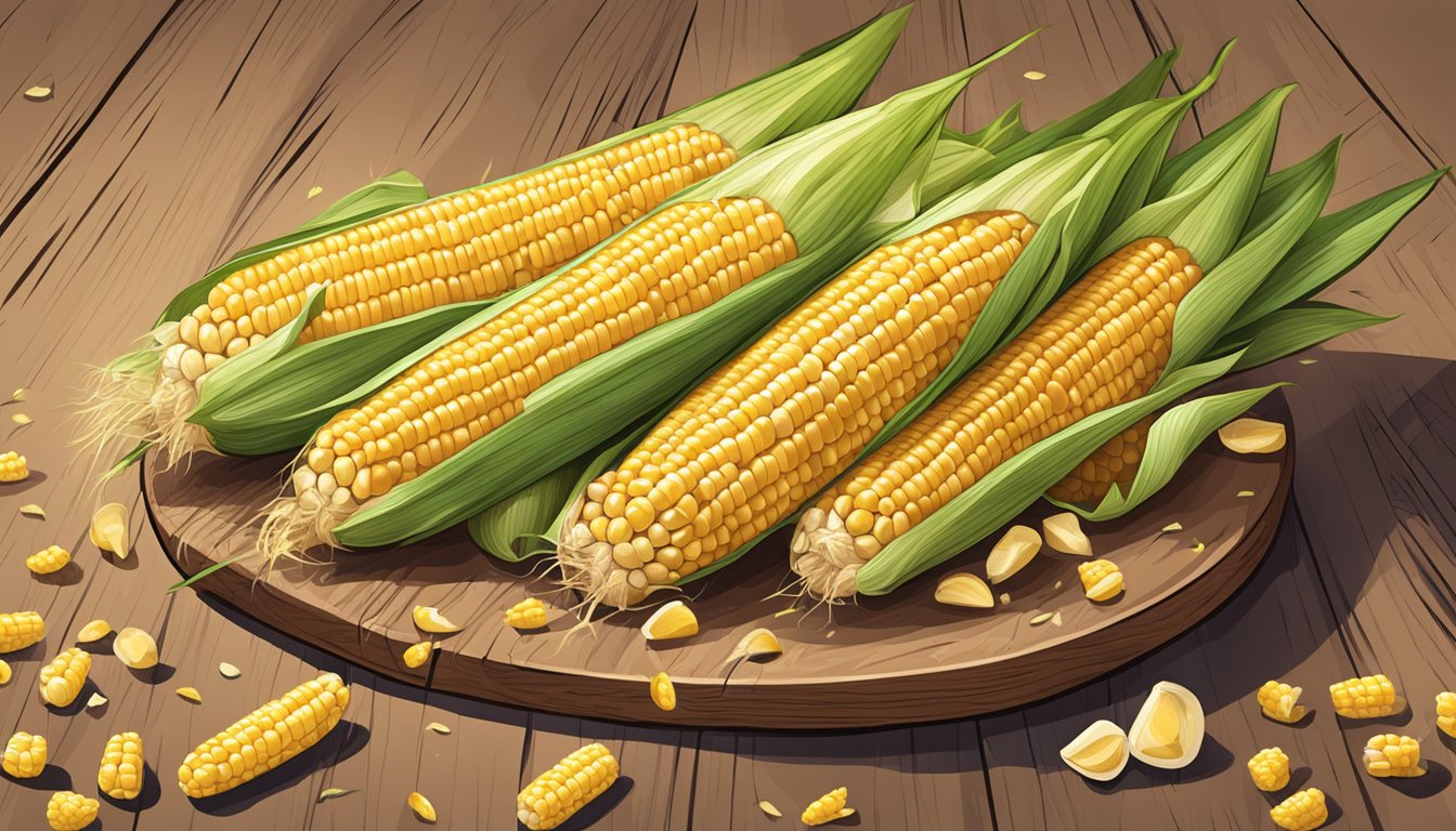 A pile of fresh corn cobs with husks partially peeled back, surrounded by scattered kernels on a wooden cutting board