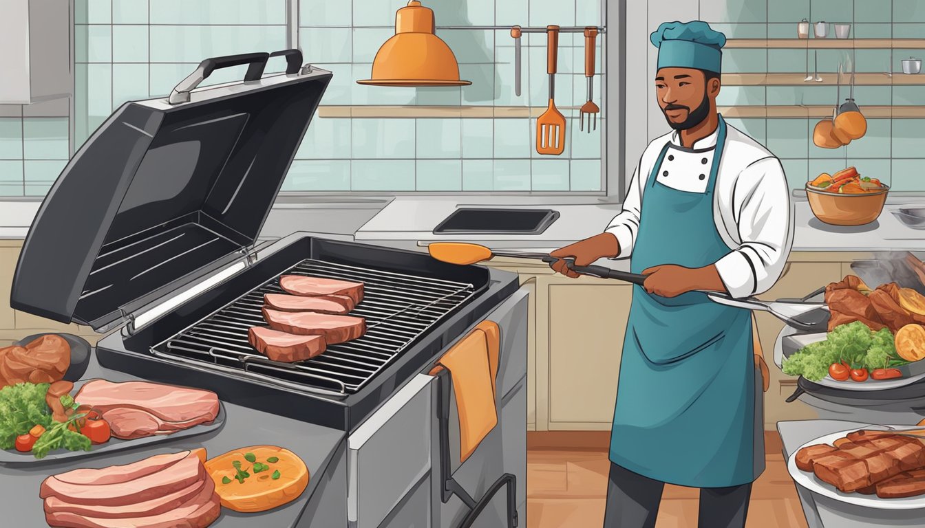 A chef grilling various pork cuts on a barbecue, with a thermometer inserted to check for safe cooking temperature