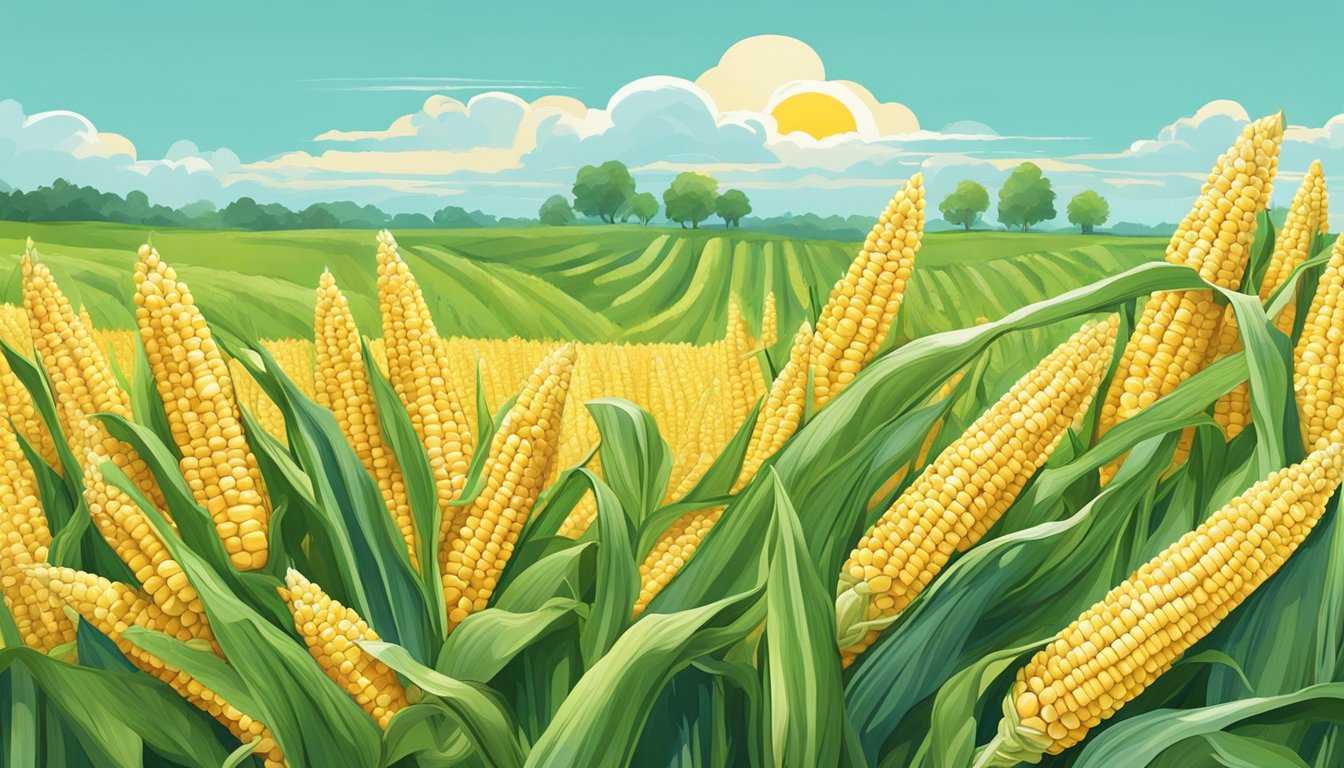 A vibrant cornfield with ripe ears of corn, some partially husked, surrounded by lush green stalks under a sunny blue sky