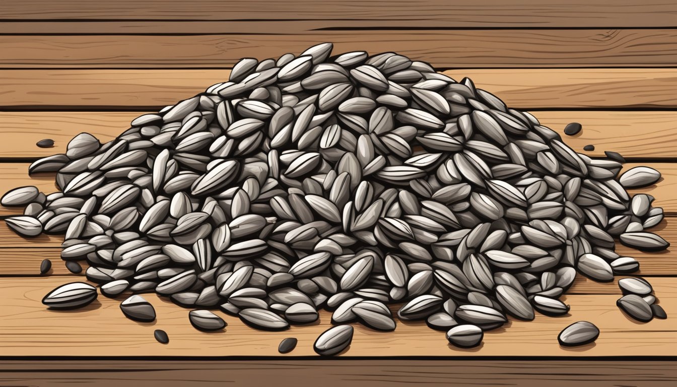 A pile of sunflower seeds on a wooden table, surrounded by a cracked sunflower shell and a few scattered seeds