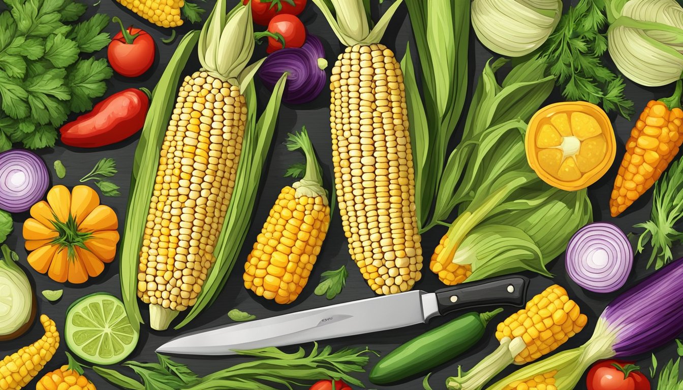 A colorful array of fresh corn on the cob, surrounded by vibrant vegetables and herbs, with a chef's knife and cutting board nearby