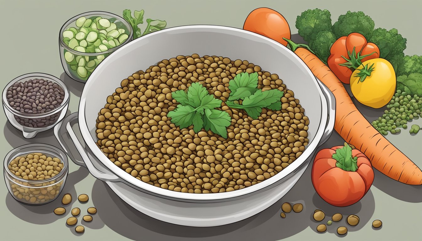 A bowl of uncooked lentils surrounded by various fresh vegetables and a measuring cup