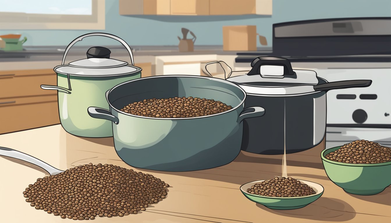 A pile of uncooked lentils sits next to a pot of boiling water on a kitchen counter. A steaming bowl of cooked lentils sits nearby