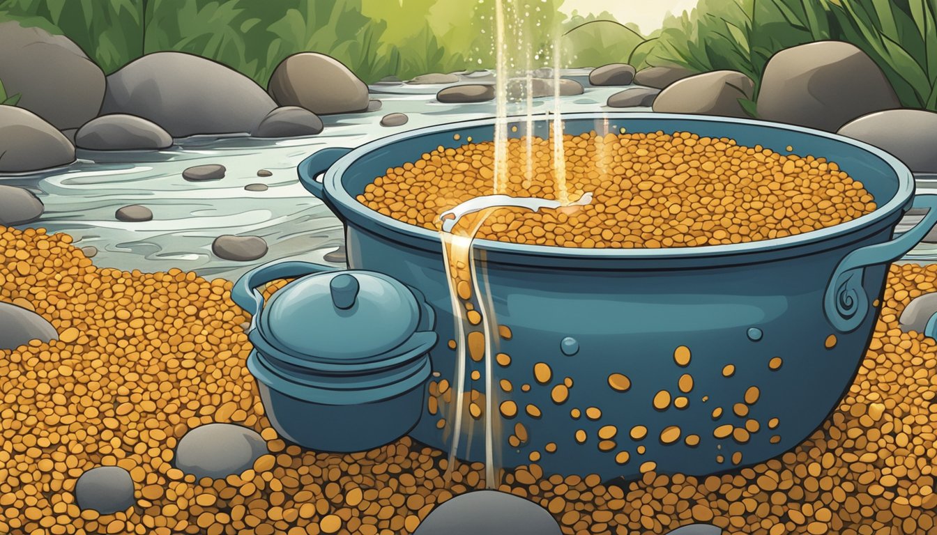 A pot of lentils being rinsed under a stream of water