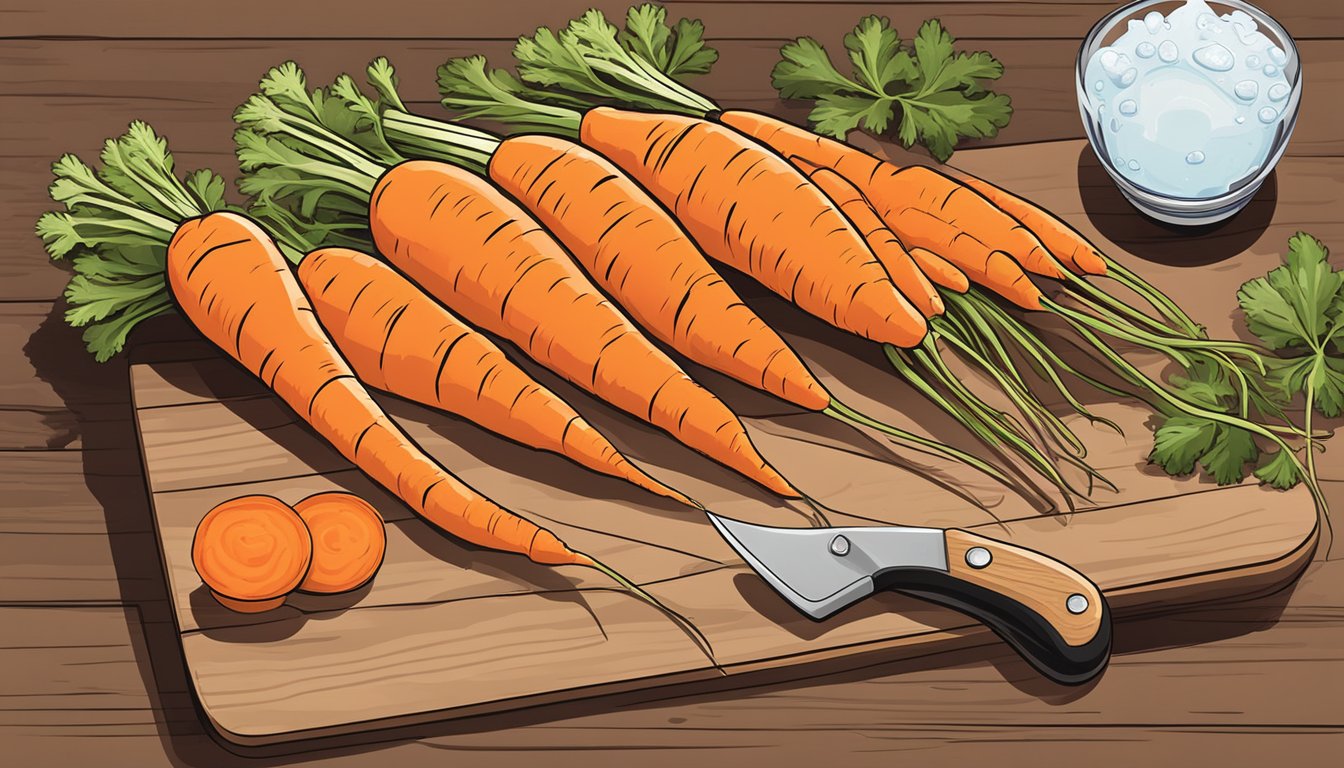 A pile of fresh raw carrots on a cutting board, surrounded by a knife and a bowl of water for washing