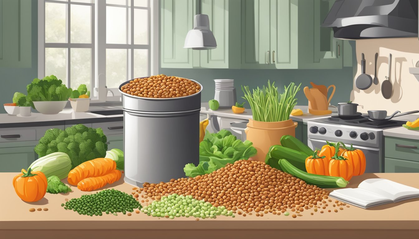 A colorful array of lentils spills from a container onto a clean kitchen counter, surrounded by various fresh vegetables and a cookbook open to a lentil recipe