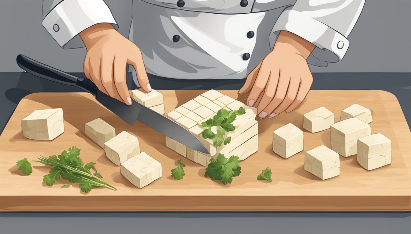 A chef slicing firm tofu into cubes with a sharp knife on a clean cutting board