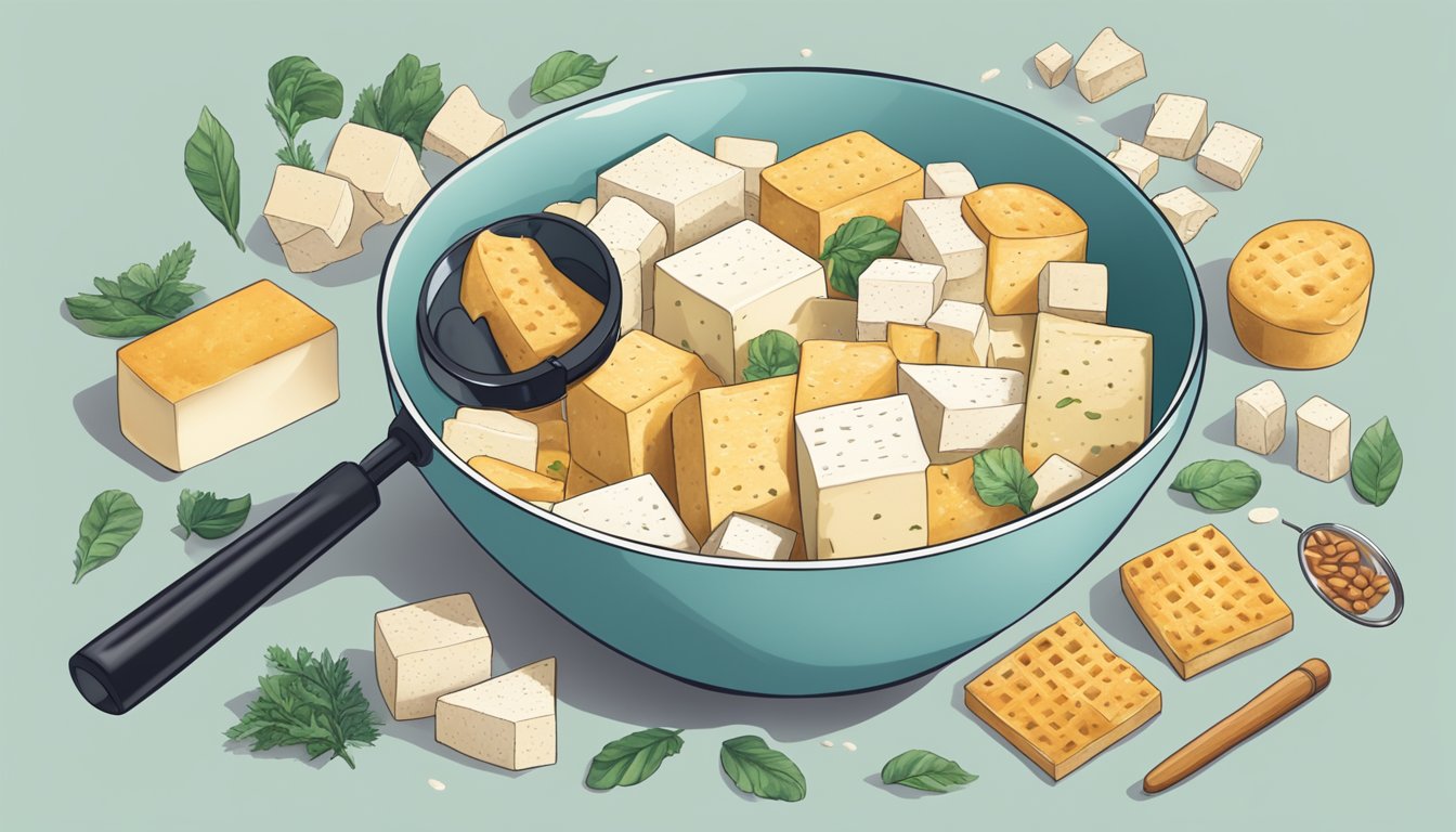 A bowl of uncooked tofu surrounded by various food safety symbols and a magnifying glass inspecting its surface