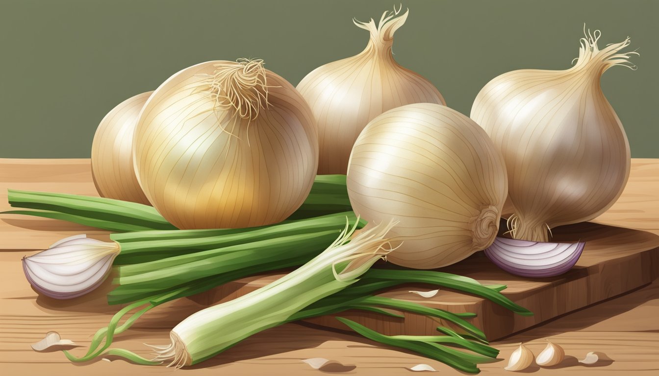 A pile of raw onions with their papery skins and green stems, arranged on a wooden cutting board