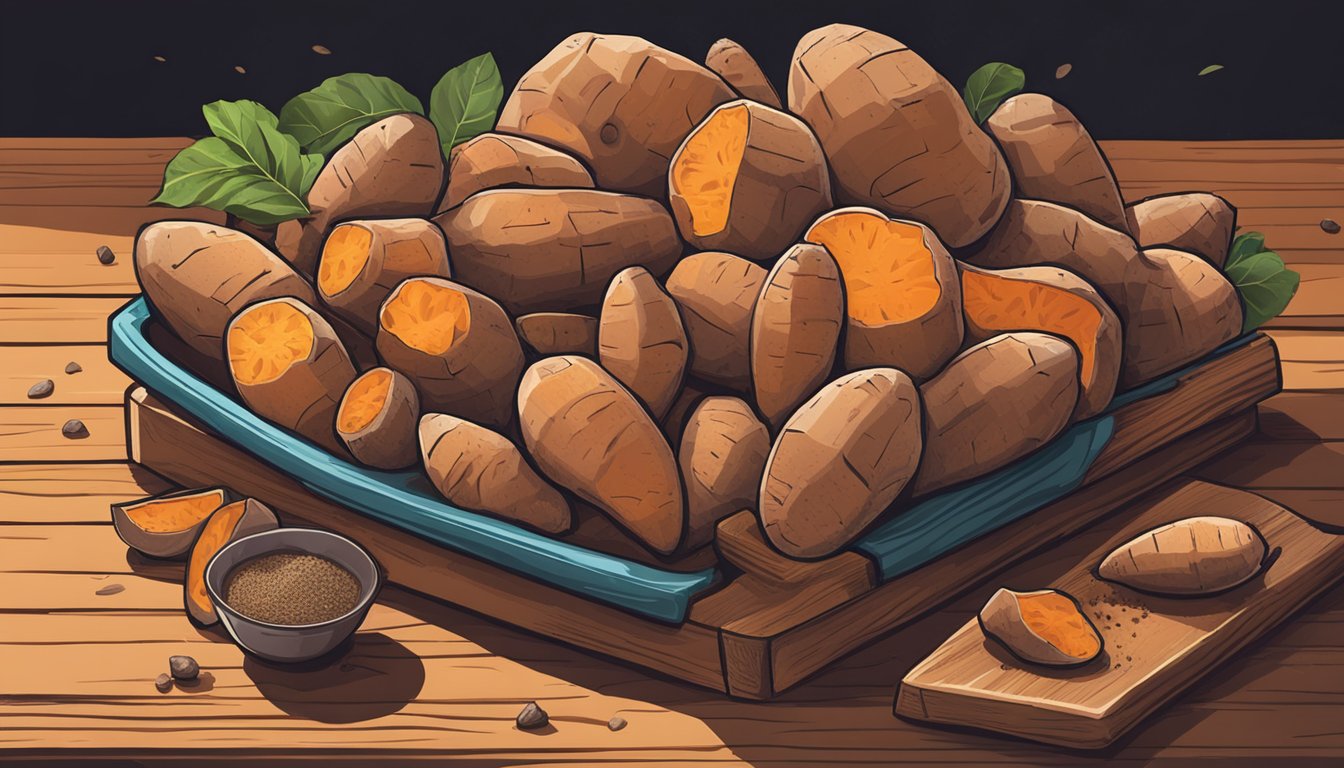 A pile of raw sweet potatoes with a variety of shapes and sizes, some still covered in dirt, sitting on a wooden cutting board