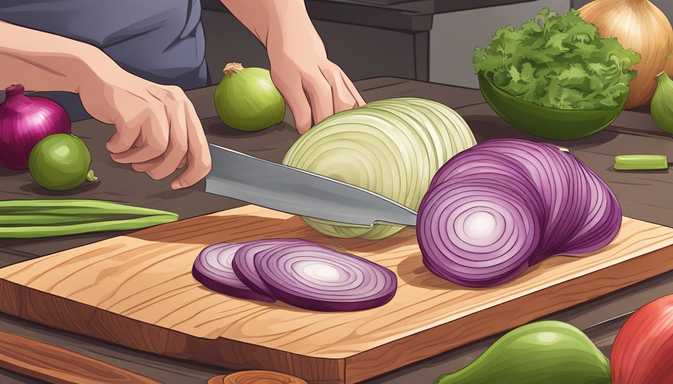 A person slicing a raw onion with a knife on a cutting board