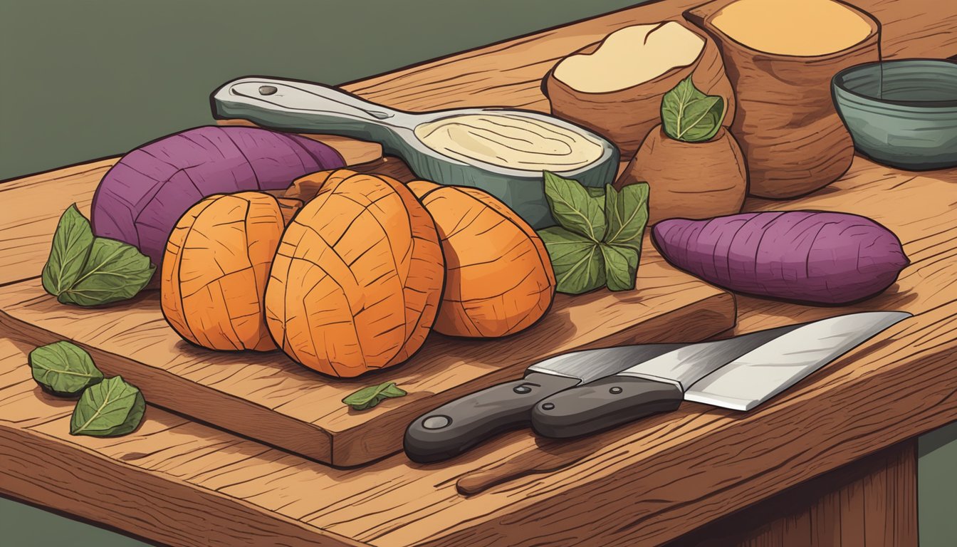 A colorful array of raw sweet potatoes arranged on a cutting board, with a knife and various kitchen utensils nearby