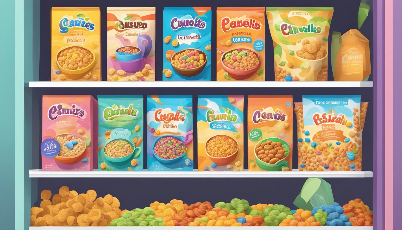 A colorful cereal box sits on a shelf, surrounded by various types of cereal. The packaging is intact and vibrant, suggesting its role in preserving the contents