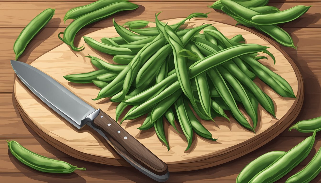 A pile of raw green beans on a cutting board with a knife nearby