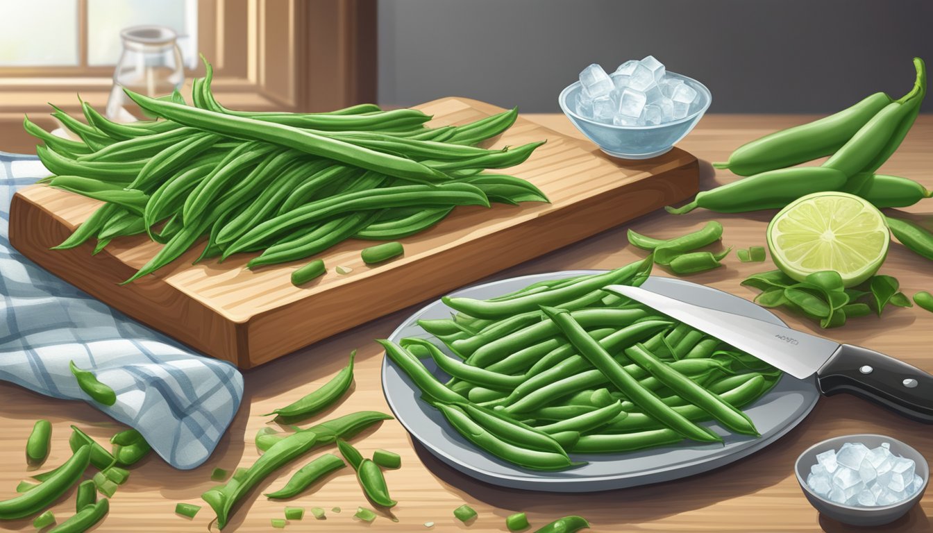 Fresh green beans on a cutting board, surrounded by a chef's knife and a bowl of ice water