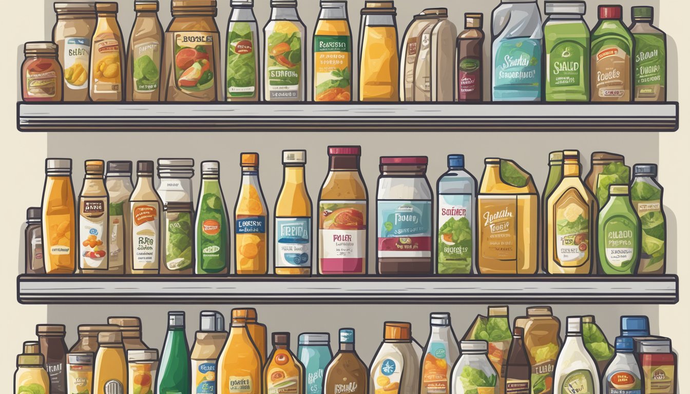 A pantry shelf filled with various bottles of salad dressing, some expired and others unopened, with a clear label indicating the expiration date