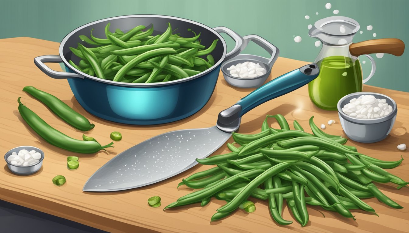 A pile of fresh, raw green beans on a cutting board, surrounded by various cooking utensils and a pot of boiling water