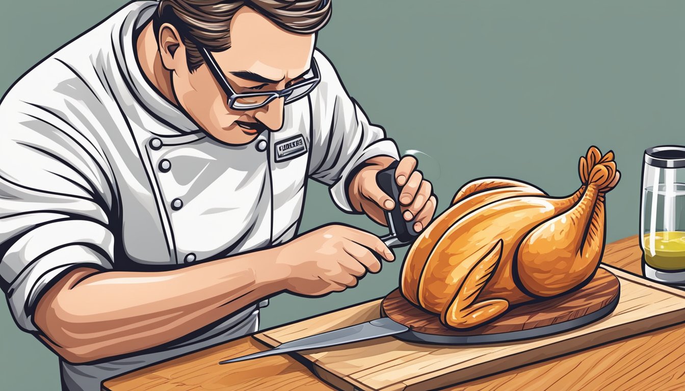 A chef using a meat thermometer to check the internal temperature of a chicken on a cutting board