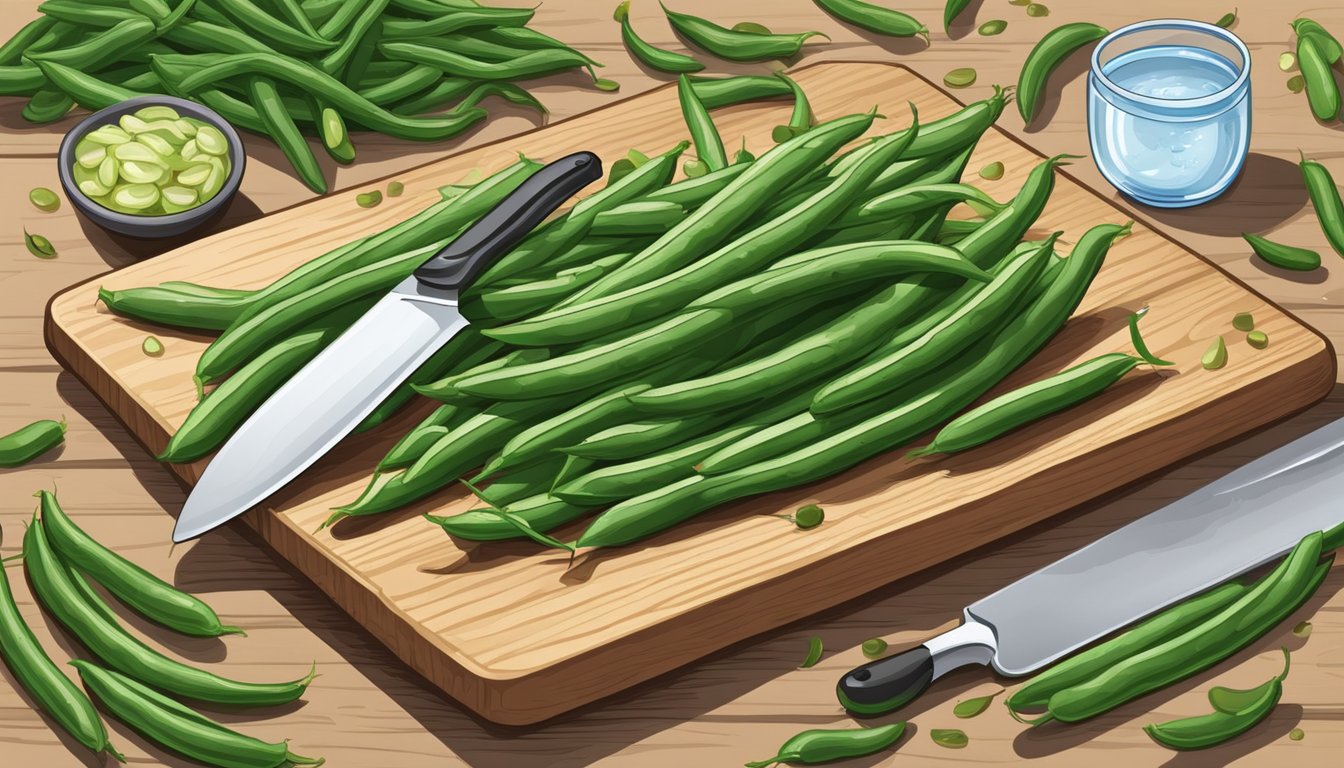 A pile of fresh green beans arranged on a cutting board, with a knife and bowl of water nearby