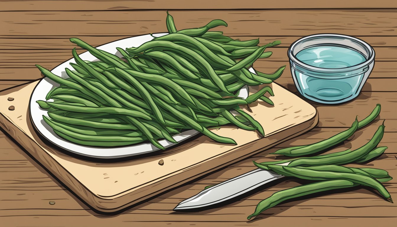 A pile of fresh, crisp green beans sits on a cutting board next to a knife and a bowl of water