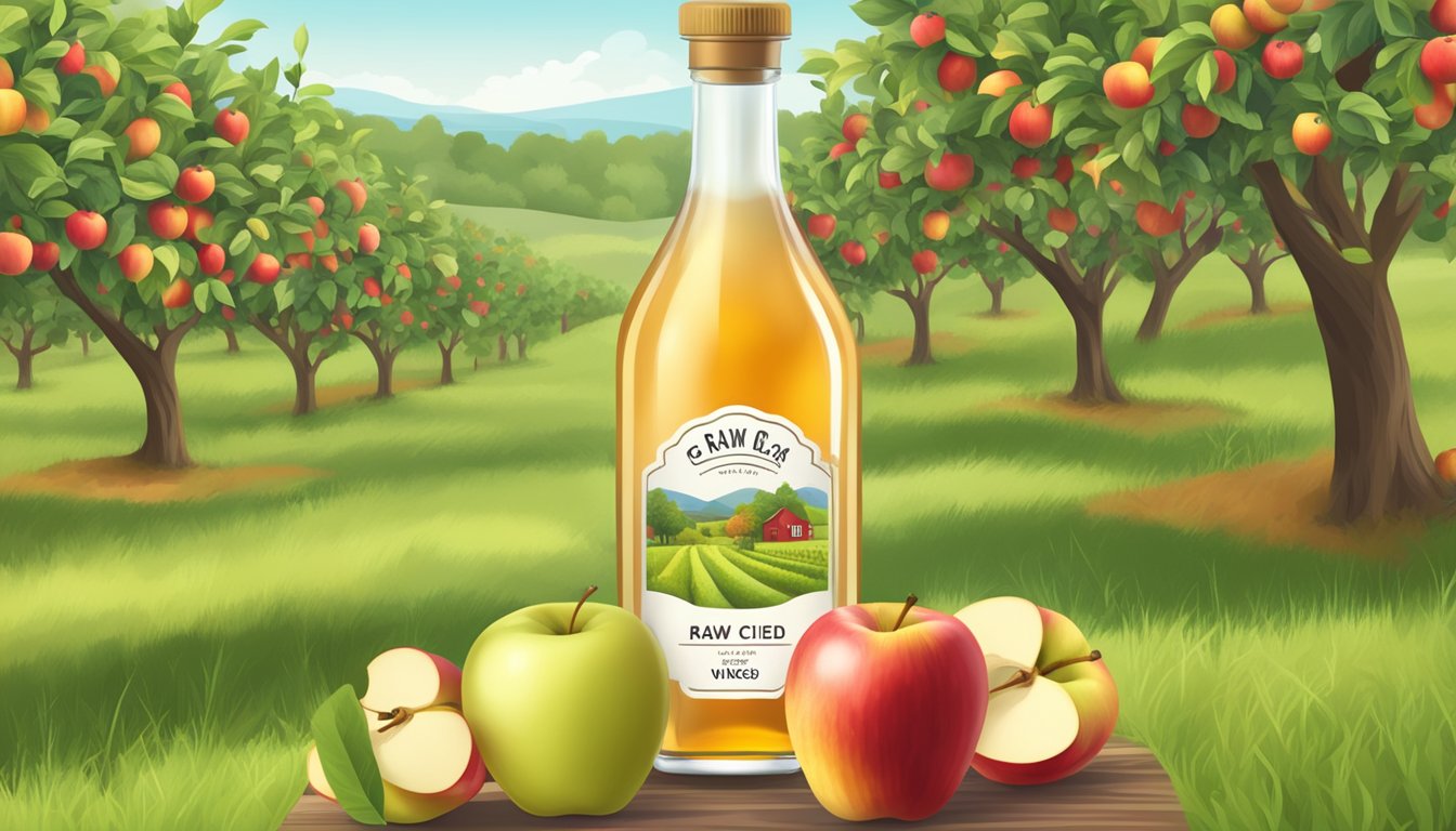 A glass bottle of raw apple cider vinegar with a label, surrounded by fresh apples and apple orchard in the background