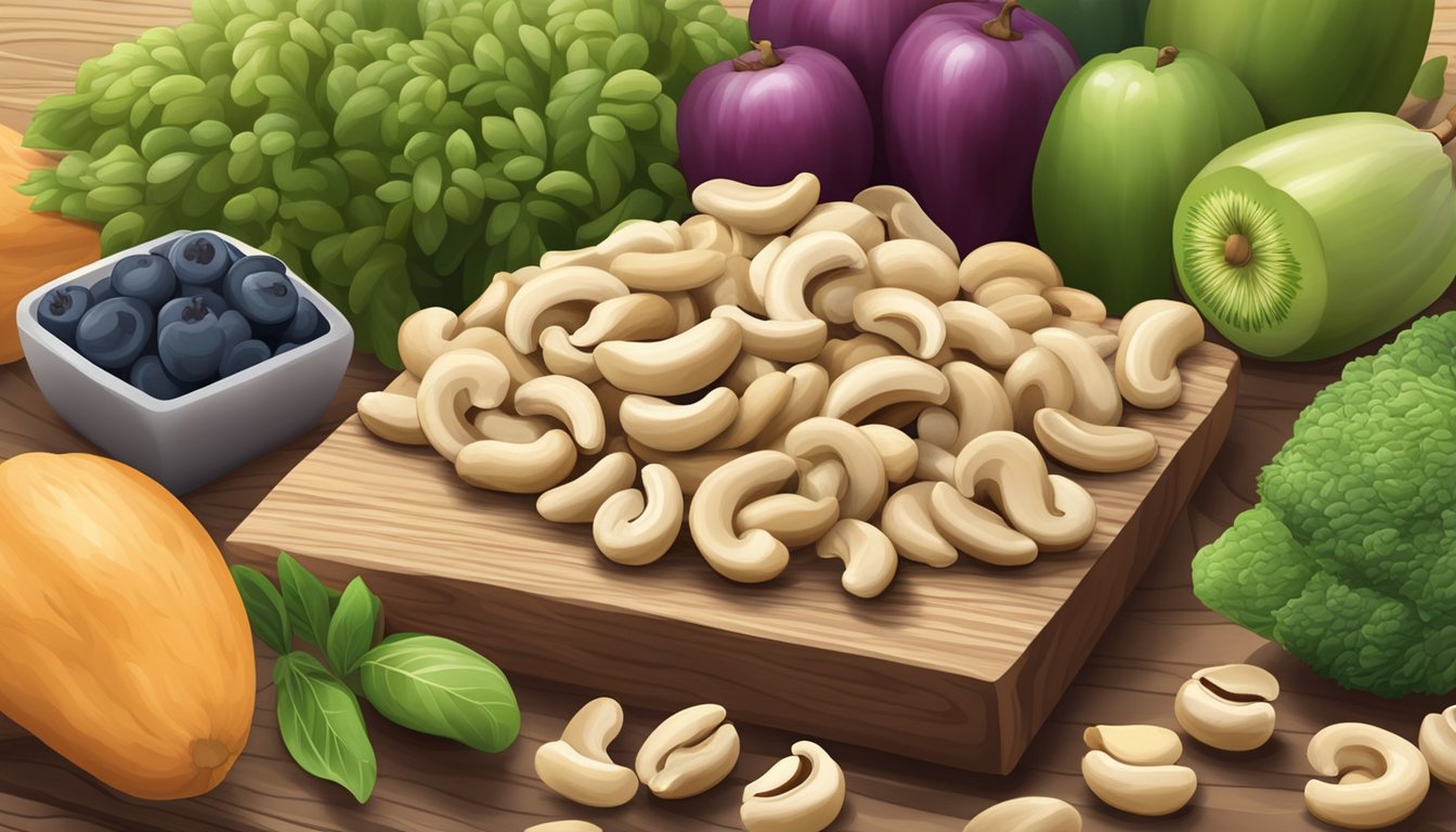 A pile of raw cashews arranged on a wooden cutting board, with a variety of fresh fruits and vegetables in the background