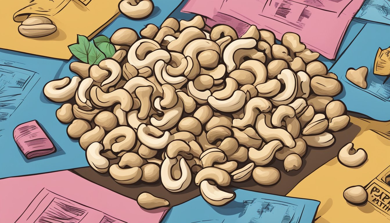 A pile of raw cashews surrounded by warning signs and symbols of potential health risks