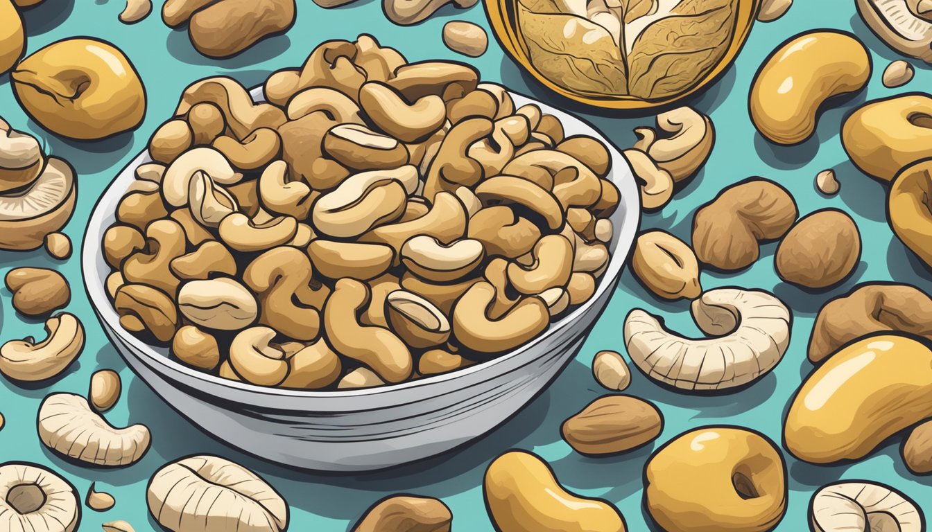 A pile of raw cashews surrounded by warning signs and symbols of potential side effects