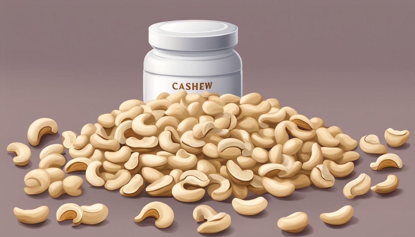 A pile of raw cashews with various cashew products in the background