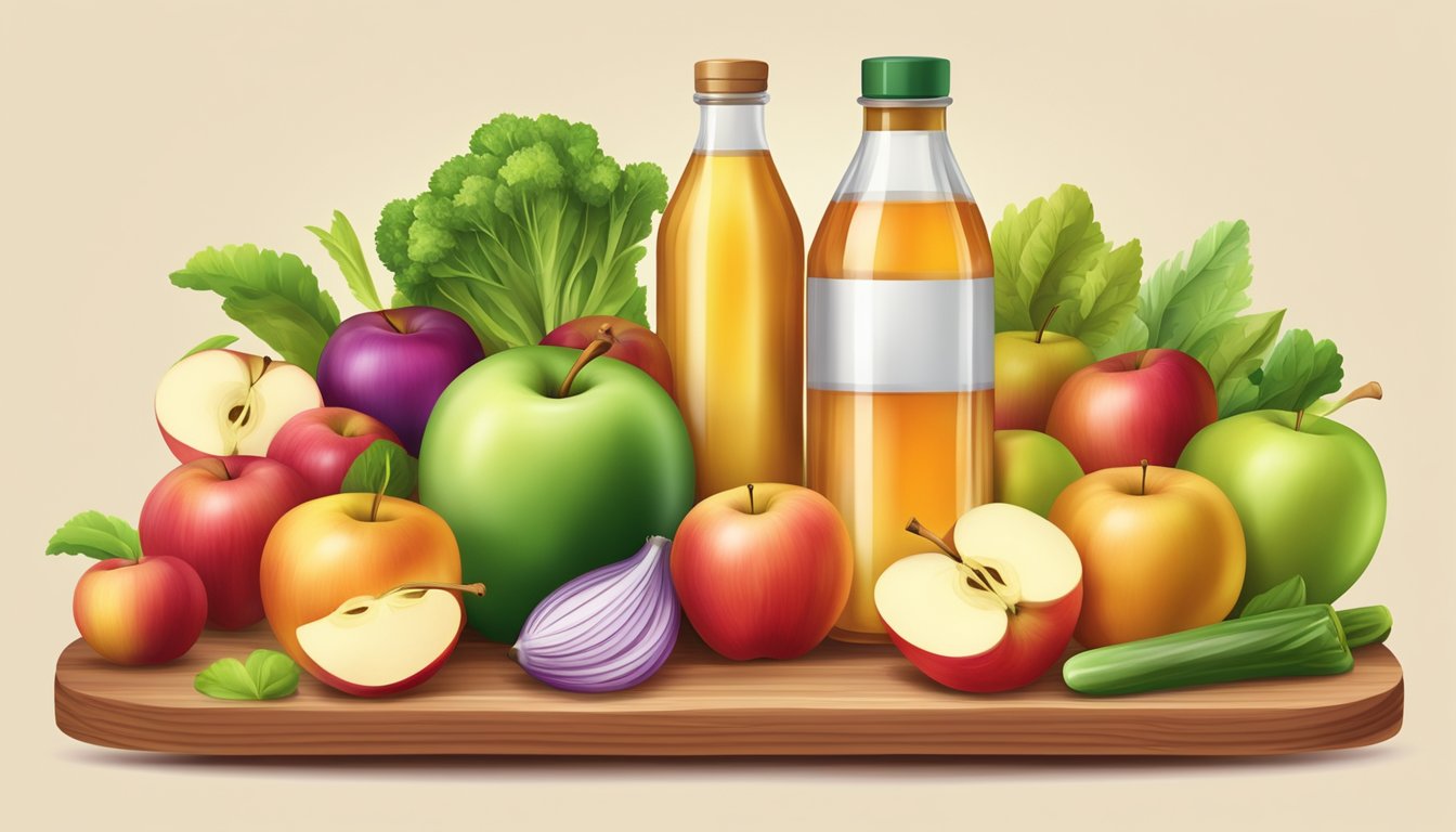 A bottle of raw apple cider vinegar surrounded by fresh apples and a variety of colorful vegetables on a wooden cutting board