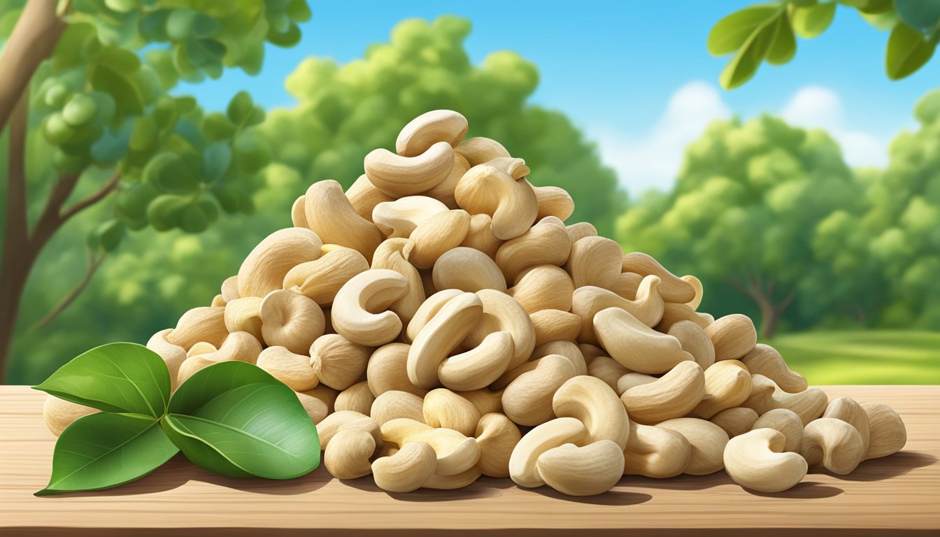 A pile of raw cashews sits on a wooden table, surrounded by lush green cashew trees and a clear blue sky