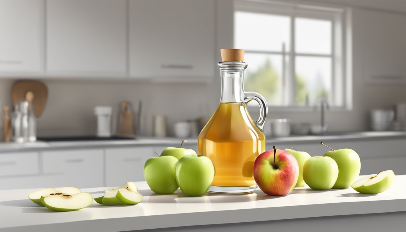 A glass of raw apple cider vinegar sits on a clean, white kitchen counter, surrounded by fresh apples and a measuring spoon