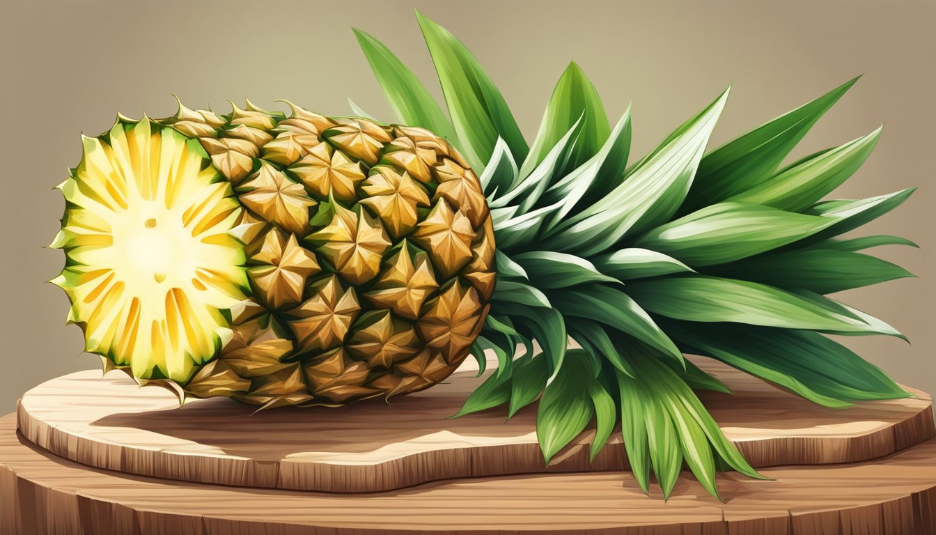 A ripe pineapple with vibrant green leaves, cut into wedges, sits on a wooden cutting board