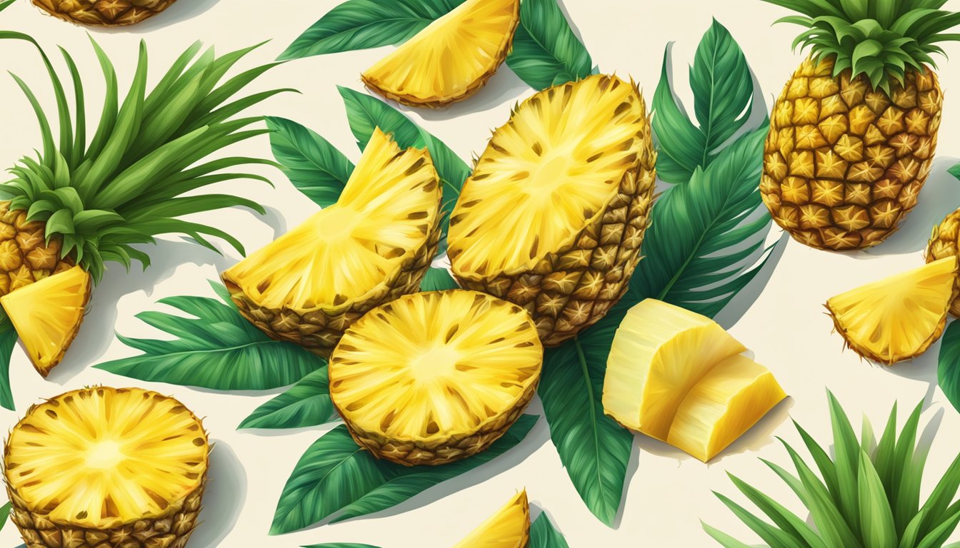 A vibrant pineapple being sliced open, revealing its juicy, golden flesh surrounded by a lush, tropical setting