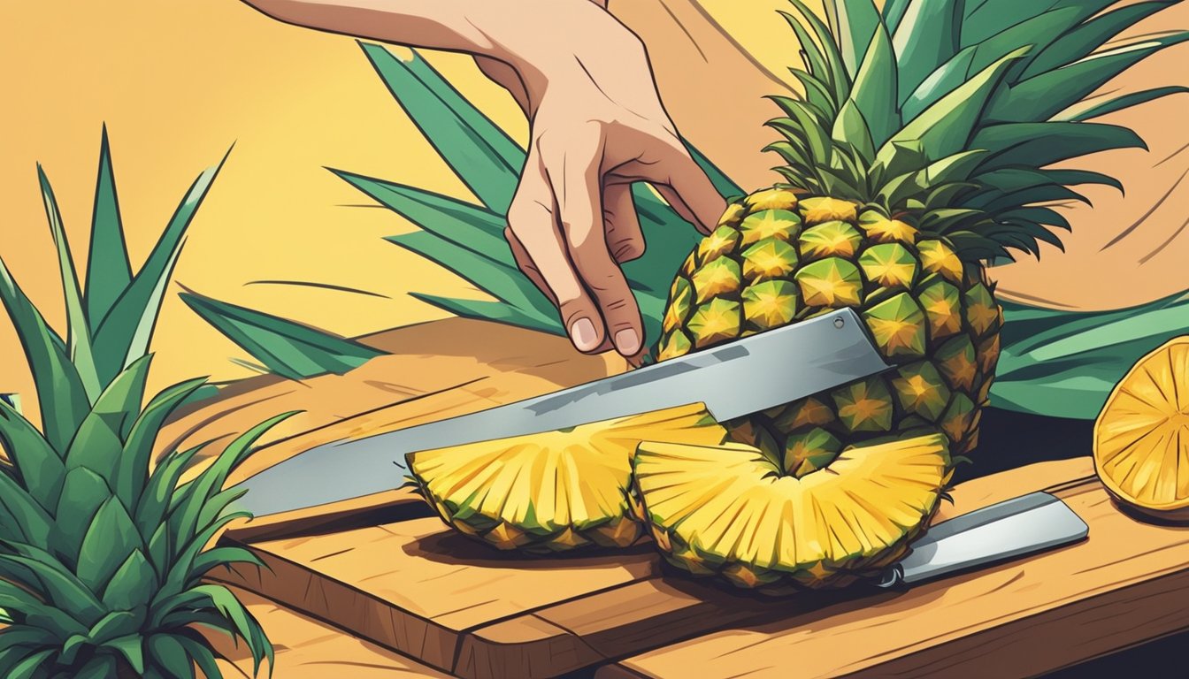 A person cutting a fresh pineapple with a knife on a clean cutting board, with cautionary symbols surrounding the fruit