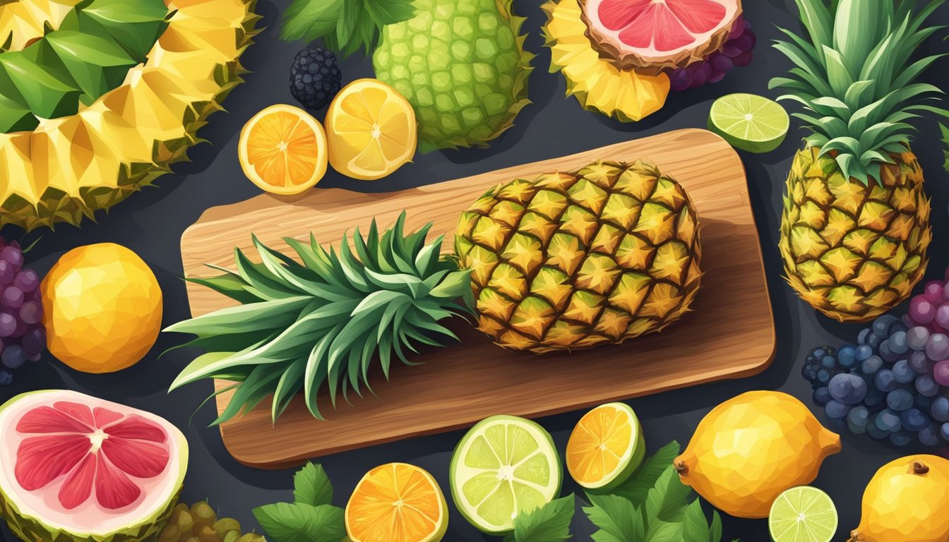 A ripe pineapple surrounded by a variety of fresh fruits on a wooden cutting board, with a knife and a bowl of sliced pineapple nearby