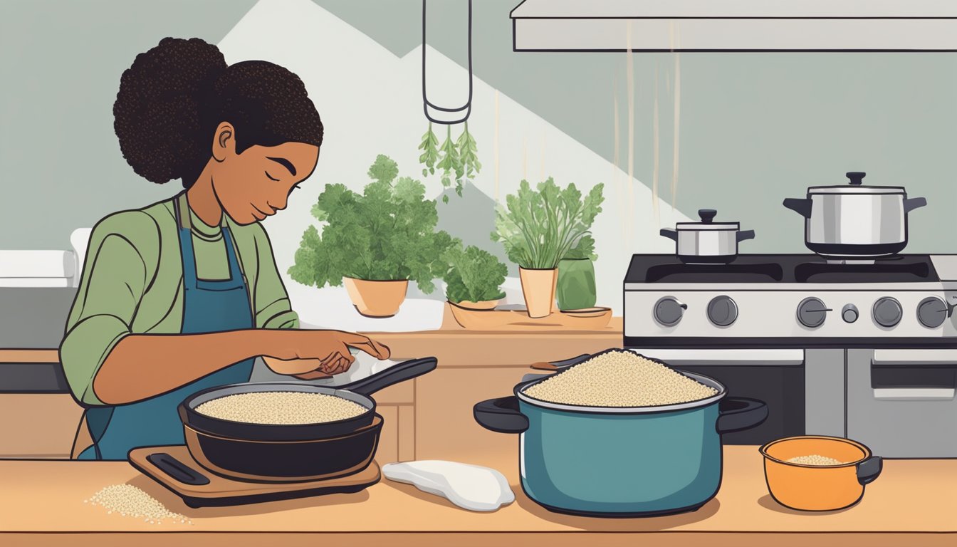 A person cooking quinoa on a stovetop, with a pot of boiling water and a measuring cup of raw quinoa next to it