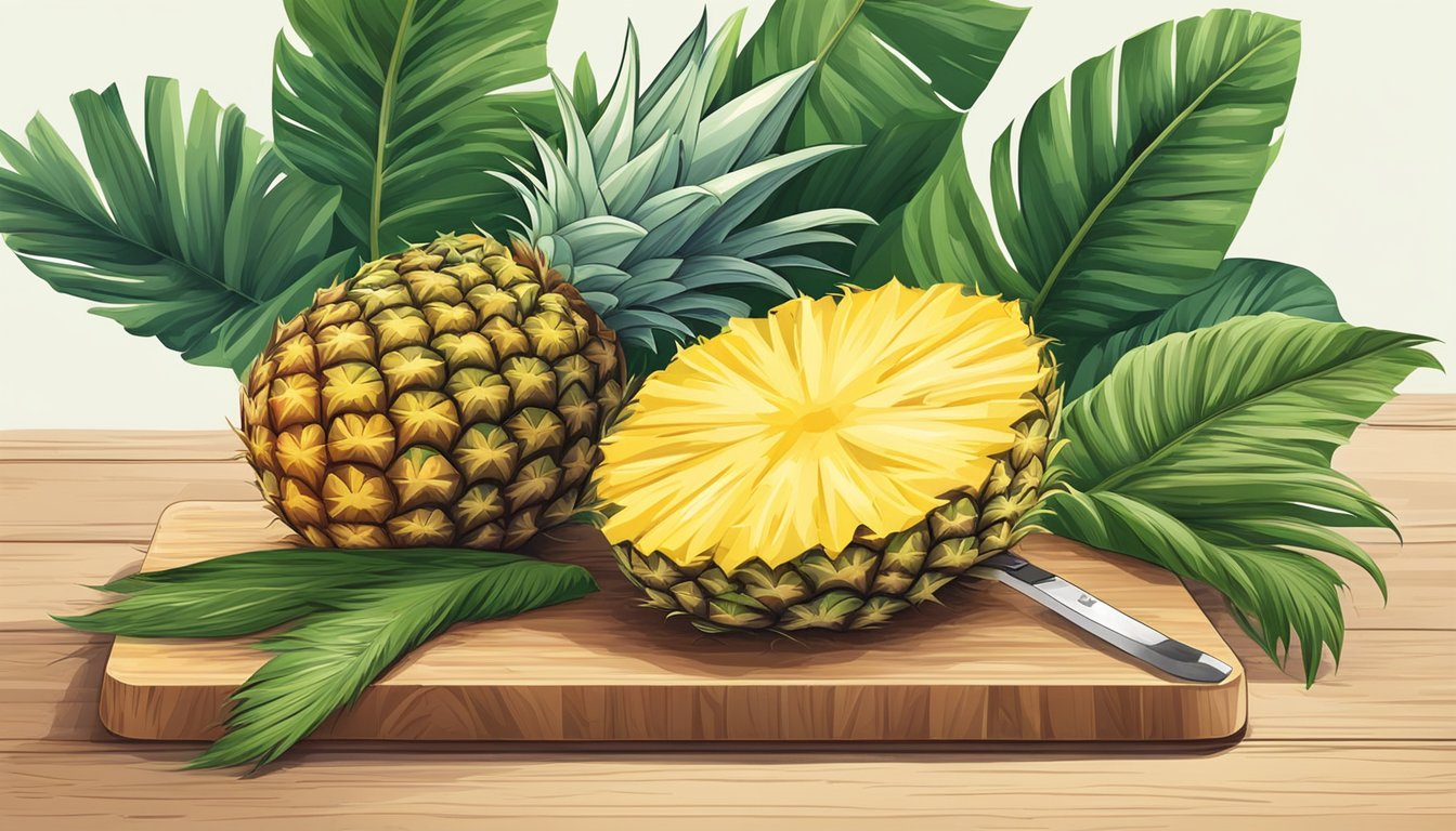 A whole pineapple surrounded by tropical foliage and a knife on a cutting board