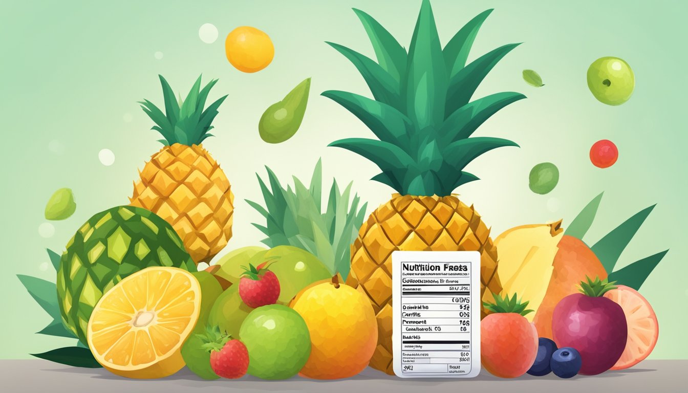 A pineapple with a question mark above it, surrounded by various fruits and a nutrition label