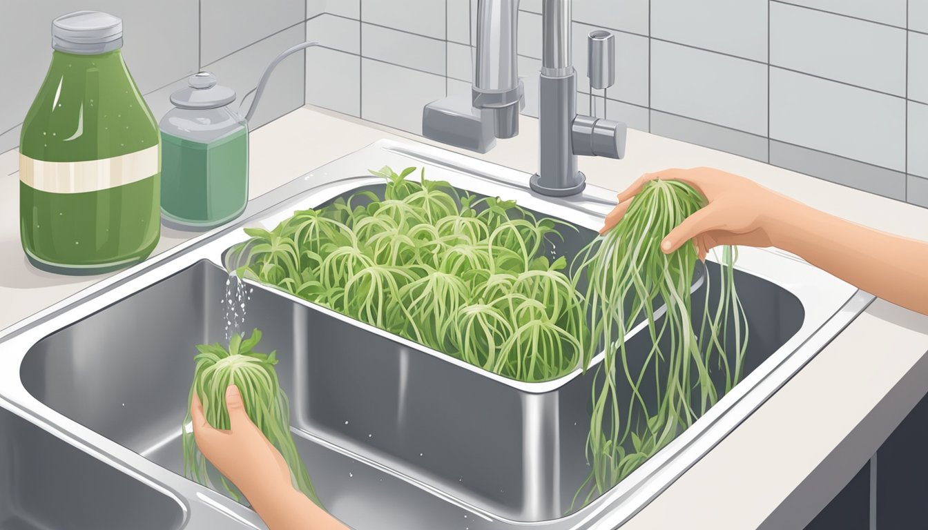 A person washing and rinsing bean sprouts under running water in a clean kitchen sink