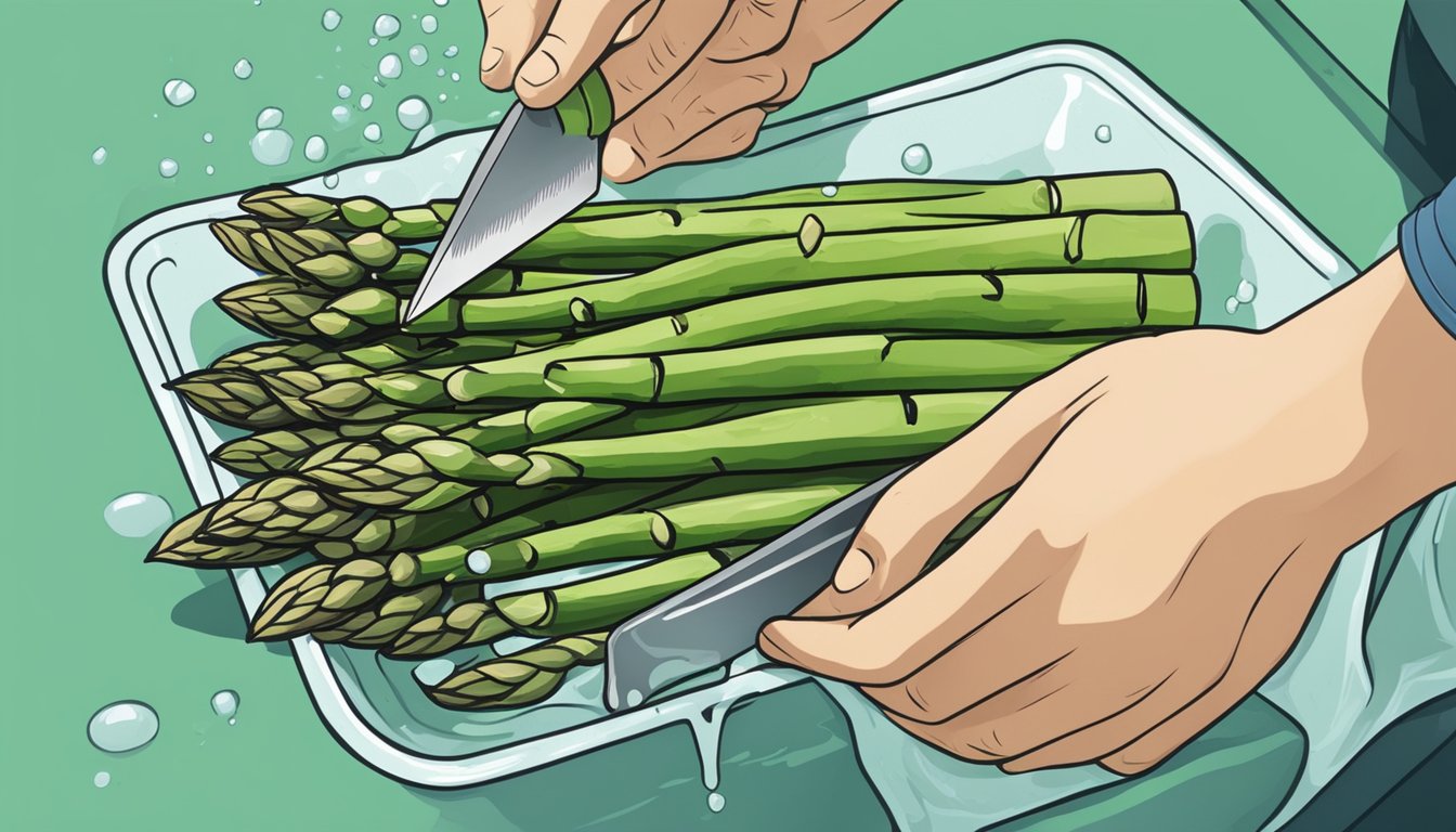 Fresh asparagus being washed under running water and trimmed with a knife