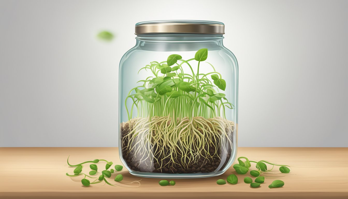 A clear glass jar filled with water and bean sprouts, with roots extending down and green shoots reaching upwards